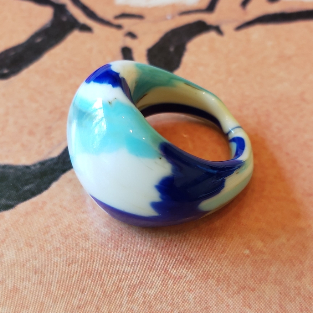 Vintage Ring Chunky Marbled Glass Retro Bl…